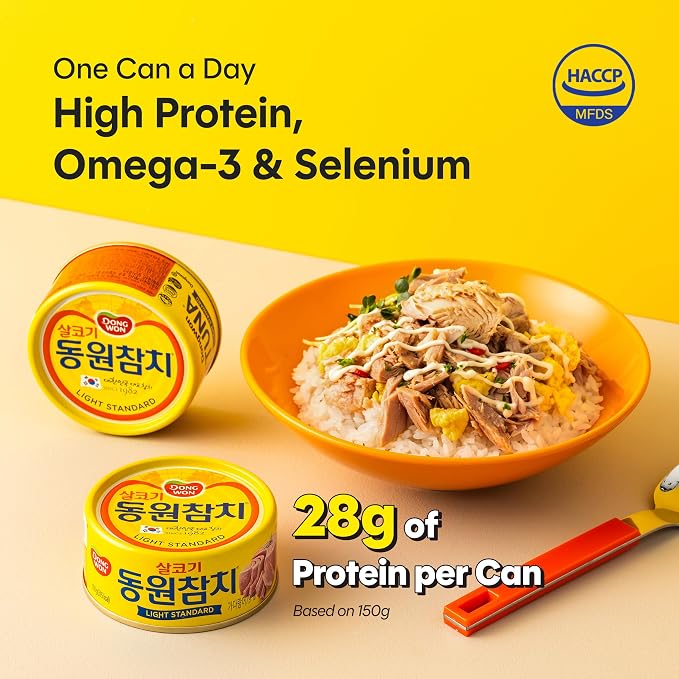 Dongwon Korean Canned Tuna, Light Standard in Canola Oil, 4-Pack — Wild-Caught Skipjack Solid Flakes, 28g Protein per Can, Keto-Friendly, Low-Carb, Omega-3, No Draining, 5.3oz (150g), Made in Korea