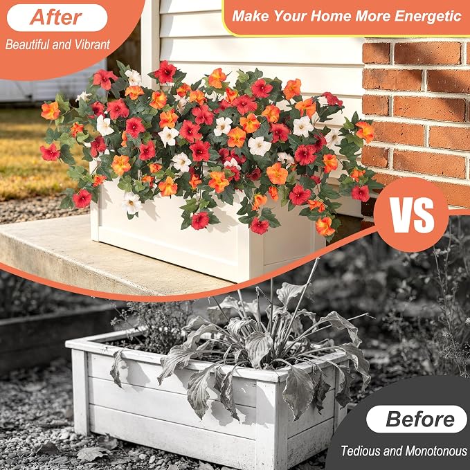 Ammyoo Artificial Fall Flowers Fake Petunias Plants for Outdoor Decoration | 2 Pcs UV Resistant Faux Silk Flowers No Fade Floral for Garden Balcony Yard Porch Realistic Indoor Decor (Orange White)