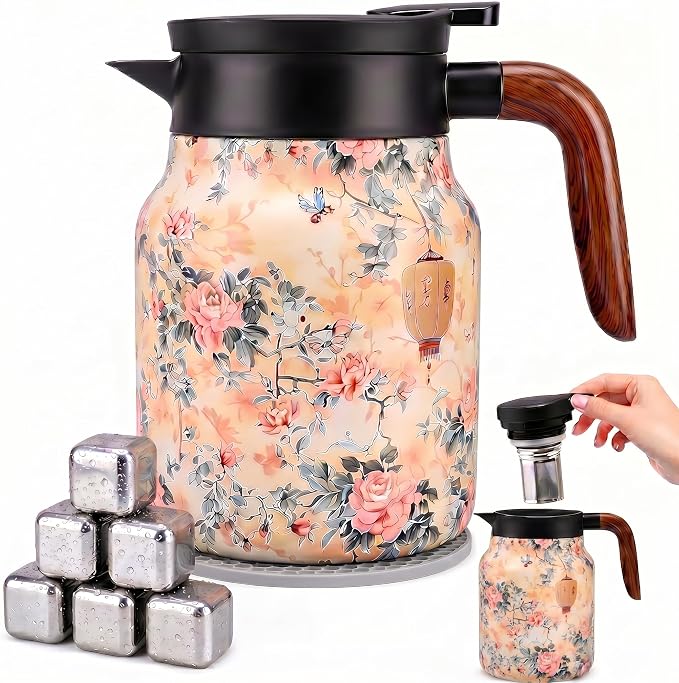 Insulated Stainless Steel Teapot, 35 Oz Vintage Floral Design with Removable Tea Infuser, 12Hr Hot & Cold Retention for Home Kitchen (Vintage Floral Yellow)