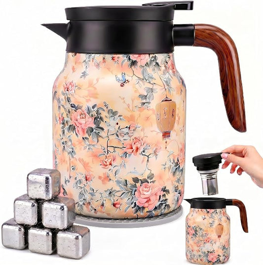 Insulated Stainless Steel Teapot, 35 Oz Vintage Floral Design with Removable Tea Infuser, 12Hr Hot & Cold Retention for Home Kitchen (Vintage Floral Yellow)