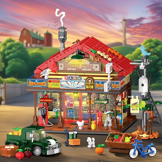Country General Store Building Set for Adults with Lights, 1709 PCS Vintage Shop House Construction Building Block Kit, Home Decor Cabin Architecture Model for Women Men Teens Boys Girls 12+