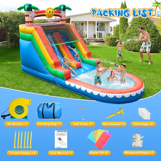 Tropical Inflatable Water Slide for Kids & Adults – 21FT Giant Blow Up Pool Slide with Climbing Wall, Splash Pool, Palm Tree Theme – Wet & Dry Use, 950W Blower, Backyard Summer Fun