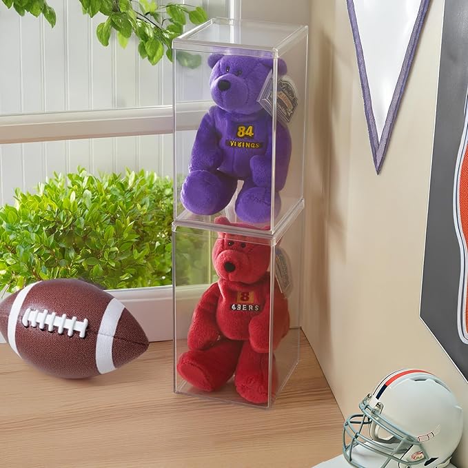 STORi Clear Plastic Stackable Display Case with Lid, Set of 2, Store Figurines, and Plush Collectibles, Box for Action Figures, Made in USA