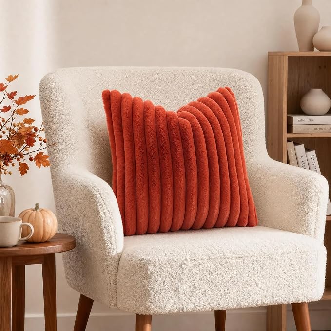 decorUhome Fall Faux Fur Throw Pillow Covers 12x20 Set of 2 Rust | Decorative Soft Cozy Striped Plush Modern Farmhouse Boho Couch Pillow Cases Velvet Back for Sofa Bed Living Room Home Decor