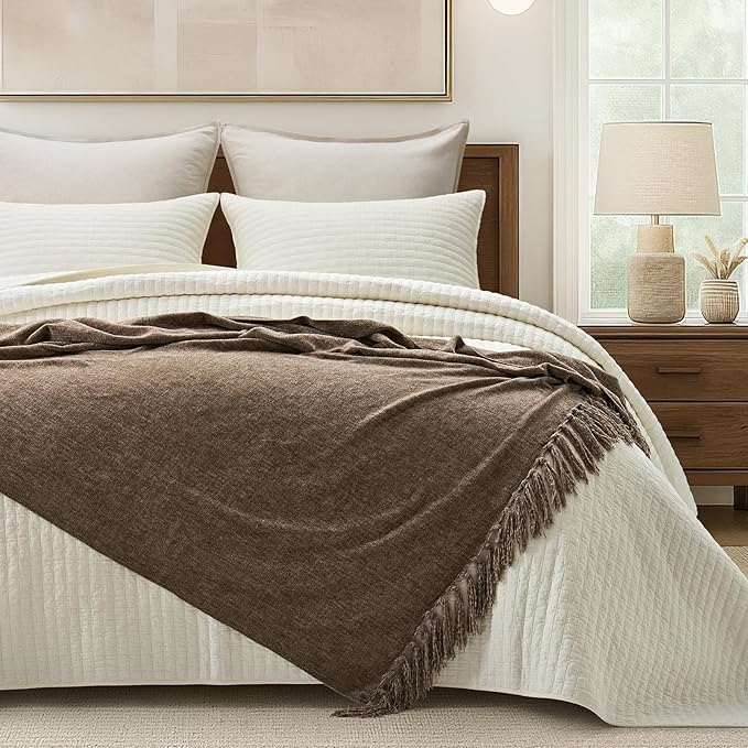 Chenille Knit Throw Blanket for Couch, 50"x60", Mocha Brown | Cozy Plush Fuzzy Knittd Throw with Tassels, Lightweight, Decorative, Farmhouse Decor, Ideal for Bed Sofa Gift, All Seasons