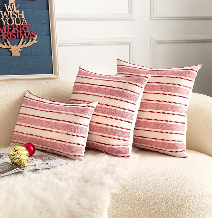 Cethom Christmas Pillow Covers, Boho Textured Red Pillow Case, Pillow Covers 12 x 20 Inch Set of 2 Christmas Decorative, Chair Sofa Bedroom Living Room Home Holiday Decor Cushion Case