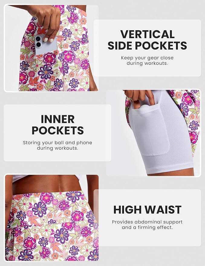 PINSPARK 19" Knee Length Skorts for Woman with Pockets UPF 50+ Golf Skirts | 4 Pockets, Built-in Shorts, High Waisted & Tummy Control, Moisture-wicking for Golf Athletic Tennis Workout Casual