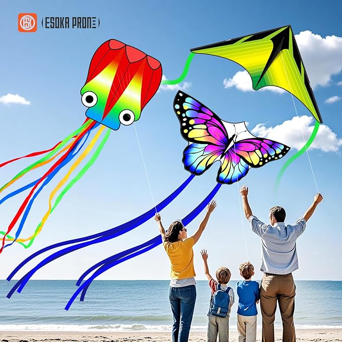 Kites for Kids & Adults,Large Kite for Beginners, Kites for Kids Ages 4-8,Outdoors Activities with Complete Handle, 328ft Kite String & Accessories (L Grassland,HG Butterfly,QC Octopus, 3)