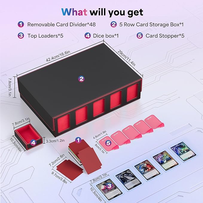 UAONO Trading Card Storage Box with Commander Display;3900+ Card Box for MTG, Removable Cover; 5 Row Case fits MTG TCG Sports Cards 48 Dividers,5 Stoppers,5 Top Loaders,1 Dice Box(Black, Red)