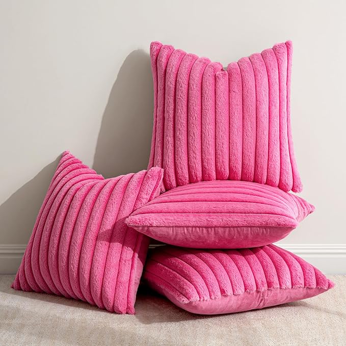 MIULEE Faux Fur Plush Decorative Throw Pillow Covers 20x20, Hot Pink | Set of 4, Striped, Soft Romantic Modern Cozy Home Decor, Cushion Cases for Sofa Couch Bed Living Room