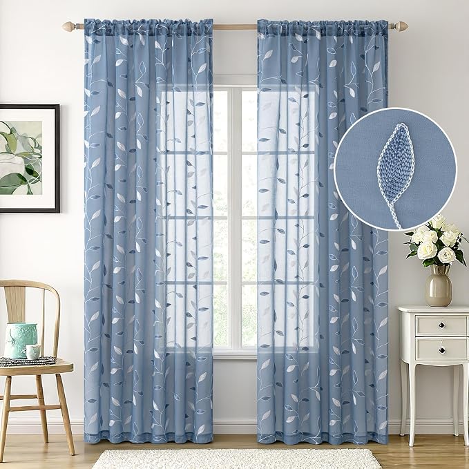MIULEE Dusty Blue Sheer Curtains 2 Panels Embroidered Leaf Patterned Rod Pocket Floral Semi Sheer Faux Linen Window Curtains Drapes Set for Living Room Bedroom Dining Room, 52x63 Inches Long