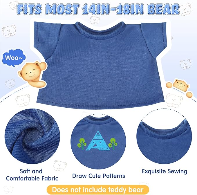 Skylety 6 Pcs Bear Clothes Basic Tee Shirt Classic Stuffed T Shirt Plush Crew Neck for Stuffed Bears Doll with 14 - 18 Inch, Bear Not Included(Blue)