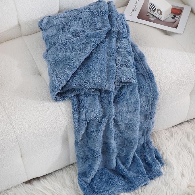Dusty Blue Fleece Throw Blanket 108”×90”Checkered Design for Couch | Super Soft Cozy Plush Microfiber 3D Square Pattern Flannel Blanket for Sofa Bed Lightweight for Adults,Women