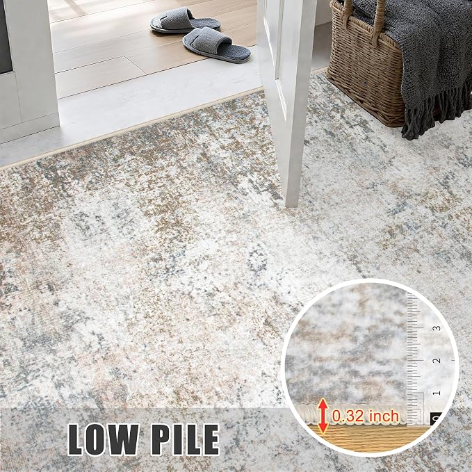 Washable Area Rug 3x8 Entryway Rug: Washable Modern Abstract Soft Thin Rug Indoor Floor No Slip Stain Resistant Carpet for Bedroom Dining Room Farmhouse Nursery Home Office - Brown Grey