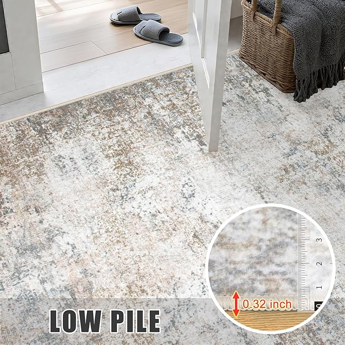 Round Area Rug for Living Room: 5 ft Washable Modern Abstract Soft Thin Rug Indoor Floor No Slip Stain Resistant Carpet for Bedroom Dining Room Farmhouse Nursery Home Office - Brown Grey