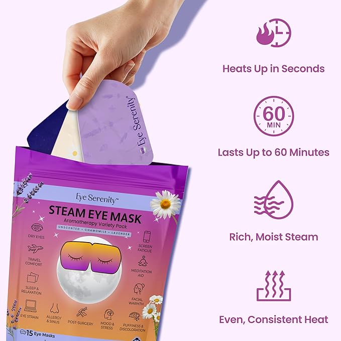 Eye Serenity Steam Eye Mask, Heated Eye Mask, Self Heating Warm Compress for Dry Eyes, Fast Relief for Stye, Puffy Sensitive Eyes, Moist Heat, Mothers Day Gifts for Women and Men - Variety