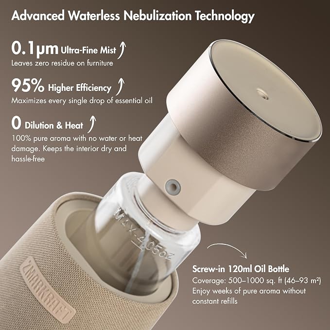 ZMARKRAFT® Waterless Essential Oil Diffuser with Intergrated Speaker | 3 Mist Levels, Wireless Audio, Ambient LED Lights, Aesthetic Exterior, For All Room Sizes