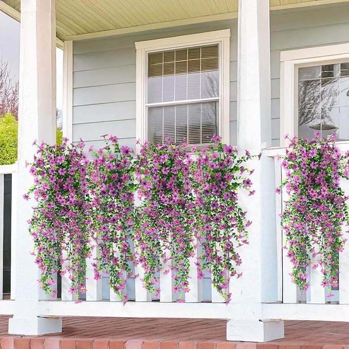 INQCMY Artificial Fake Hanging Flowers Plants for Outdoor Spring Decoration | 2 PCS Faux Silk Daisy with Eucalyptus Leaves,UV Resistant Look Real for Outside Home Planter Porch Patio Balcony Yard Decor
