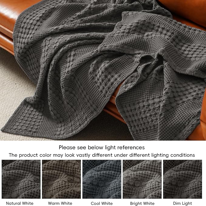 PHF 100% Cotton Waffle Weave Blanket King Size, Lightweight Breathable Summer Blanket for Hot Sleepers, Pre-Washed Soft Layer for Bed, Couch, Home Decor Gift, 108"x90", Charcoal Grey