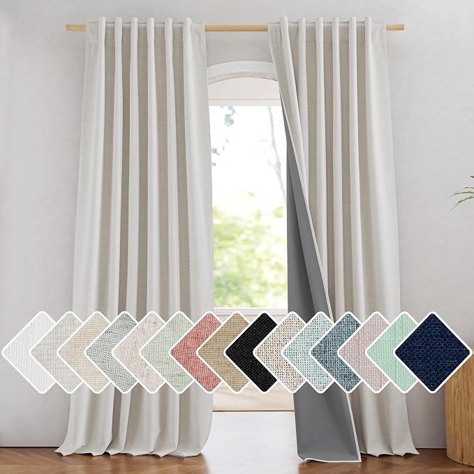 NICETOWN 100% Blackout Linen Curtains 90 inches Length with Thermal Insulated Liners for Bedroom, 2 Panels, 52" W, Alabaster Gray Farmhouse Style Room Cooling Window Draperies for Dining Room