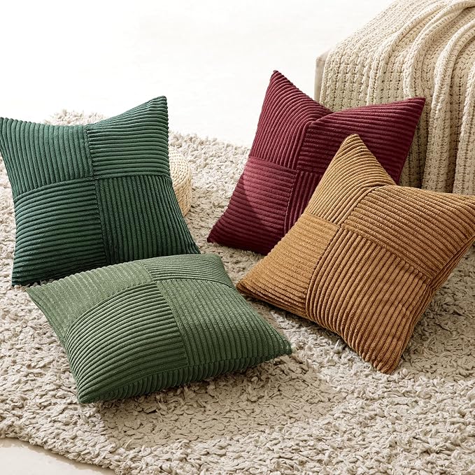 MIULEE Boho Christmas Green Decorative Throw Pillow Covers 18x18 Set of 4 Farmhouse Cushion Covers Color-Clash Corduroy Pillow Cases Modern Soft Corduroy Patchwork Home Decor for Couch Sofa Bedroom