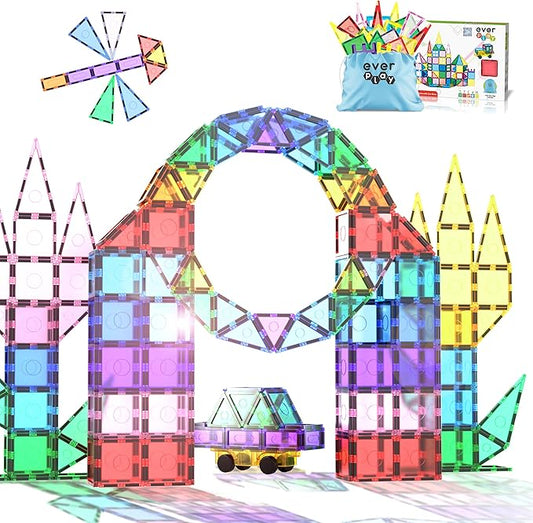 101pc Magnet Tile Building Blocks with Car Base Drawstring Carry Bag Magnetic Construction Playset Early Childhood Play Fine Motor Sensory Skills STEAM Educational Learning Toy Age 3+ EP101