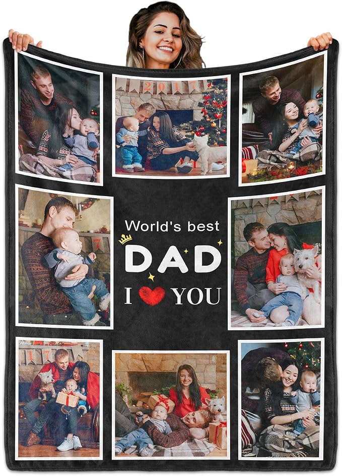 Fathers Day Birthday Gift for Dad Custom Blanket with 8 Photo & Text, Personalized Blankets with Picture to My Dad, HD Printing Customized Flannel Throw Blanket Gifts for Best Daddy Grandpa Ever
