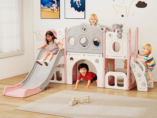 GITAWUSA 8 in 1 Toddler Slide, Outdoor Indoor Playset for Kids Baby Age 1 2 3, Childs Climber Slide with Storage Space and Non-Slip Steps, Basketball Hoopa and Telescope, Pink & White