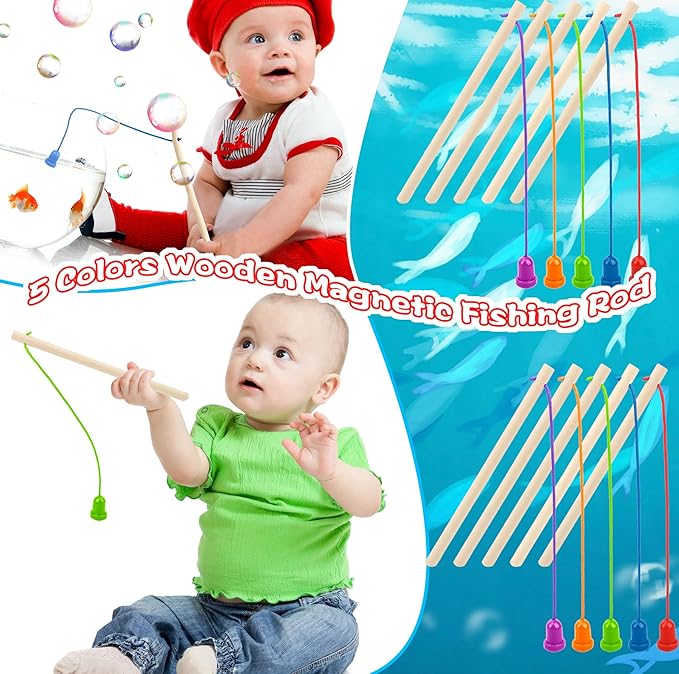 40 Pcs Magnetic Fishing Rod Wooden Magnetic Fishing Poles Mini Fishing Pole Toys for Preschool Girl Boy Pool Activity Accessory (Color Set 2)