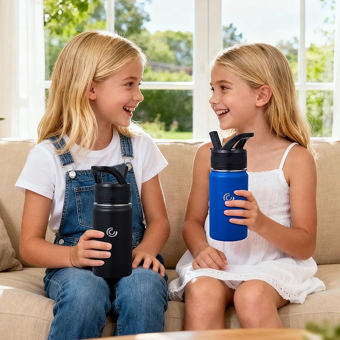 2 Pack Kids Water Bottle,14oz Stainless Steel Insulated Water Tumbler Leak-Proof,School Water Mug,Small and Portable,Suitable for Boys and Girls to Use(Black + Blue)
