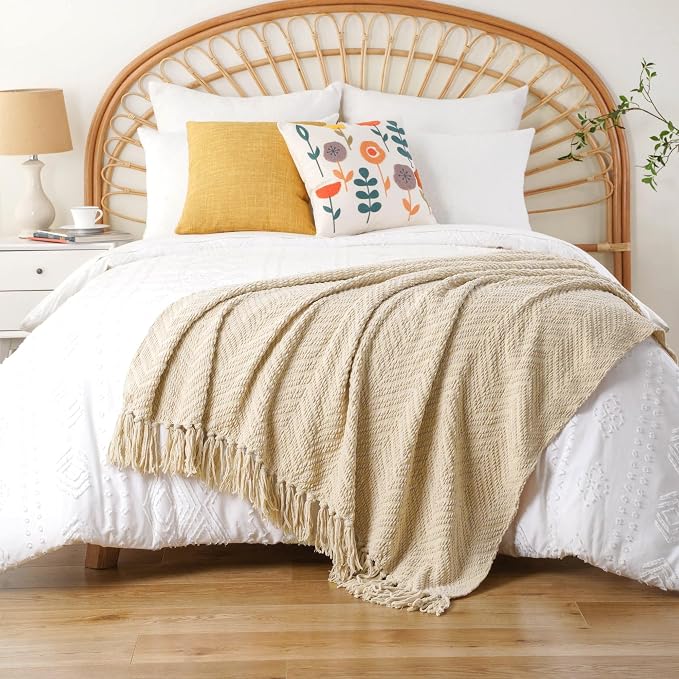 BATTILO HOME Beige Throw Blanket for Couch, Knitted Beige Throw for Bed, Neutral Throw Blankets Tan Throw Blanket for Room Decor Housewarming Gifts, 50" x 60" | Knitted Beige Blanket for Bed, Neutral Throw Blanket Warm Decorative Tan Throw Blankets for...
