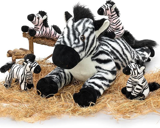 Tezituor 5-in-1 Zebra Stuffed Animals Family Set, 25 inch Realistic Mommy Stuffed Zebra with 4 Cute Babies, Large Black and White Horse Plush Pillow for Boys Girls