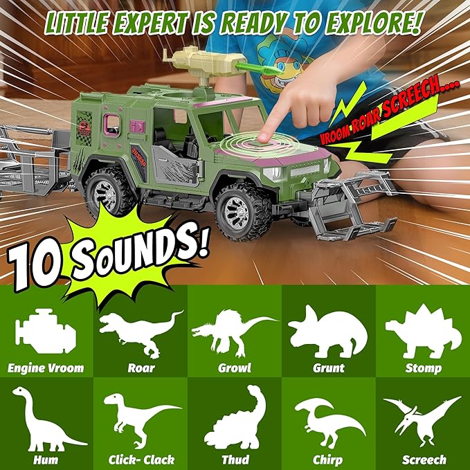 EKU Dinosaur Transport Truck with Trailer and 10 Sounds, Launcher, Clamp, Chomping T-Rex Figure, Human, Carrier, Push and Go Adventure Vehicle for Jurassic World Toys Pretend Play Gifts for Kids 3+