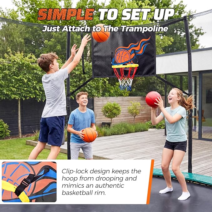 Trampoline Basketball Hoop Attachment, with 3 Basketballs and Pump & Hooks, Easy to Install, Universal Accessories Goal Game Fits 8 10 12 14 15 16 FT Trampoline Indoor Outdoor