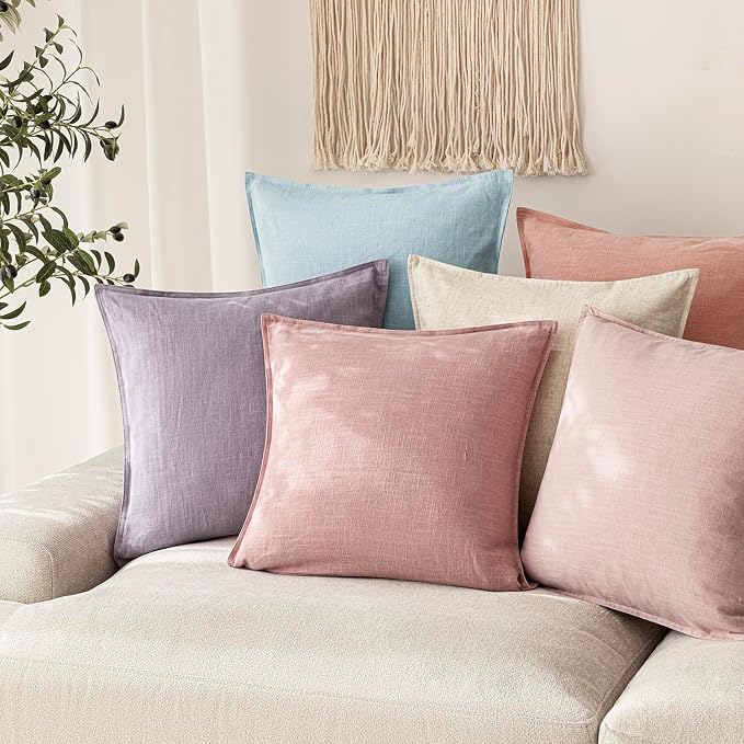 Foindtower Pack of 2, Decorative Linen Solid Throw Pillow Covers Soft Accent Cushion Euro Case Boho Farmhouse Pillowcase for Chair Couch Sofa Bedroom Living Room Home Decor 18 x 18 Inch Rose Pink