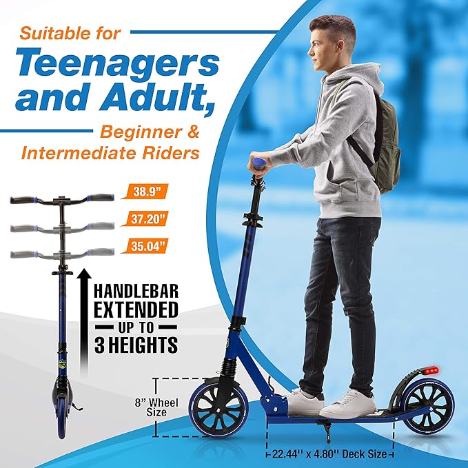 SereneLife Two Wheel Scooter for Teens, Smooth Gliding Kick Scooter for Adults w/Adjustable Height for Ages 8+, Portable All Terrain Scooter w/Carry Straps, Easy to Fold