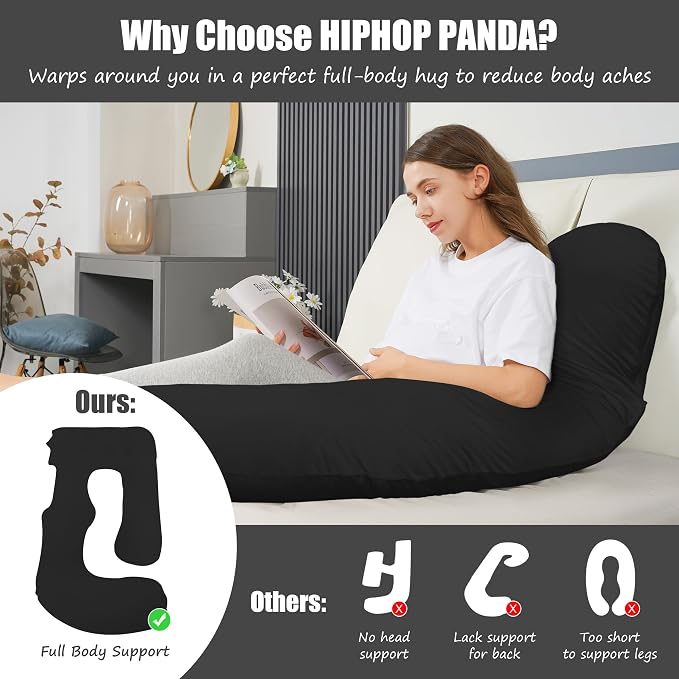 HIPHOP PANDA U-Shaped Pregnancy Pillow for Sleeping - Full Body Maternity Support Pillow with Removable Cover - Comfort for Back, Hips, Legs, Belly - 57 Inch for Pregnant Women, Black