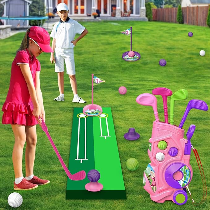 Toddler Golf Set with Putting Mat, 4 Clubs, 8 Balls, 2 Practice Holes for Kids 3-5 Years Old, Indoor Outdoor Sports Toys with Shoulder Strap, 20 Pieces