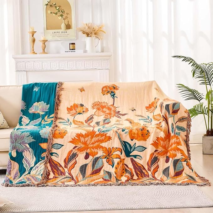 XIBLC Boho Throw Blanket for Bed, 100% Cotton Soft Rustic Quilt Fall Blanket, 80" 90" Floral Printed Farmhouse Decor Bed Blankets, All Season Rustic Reversible Bohemian Throw Quilt