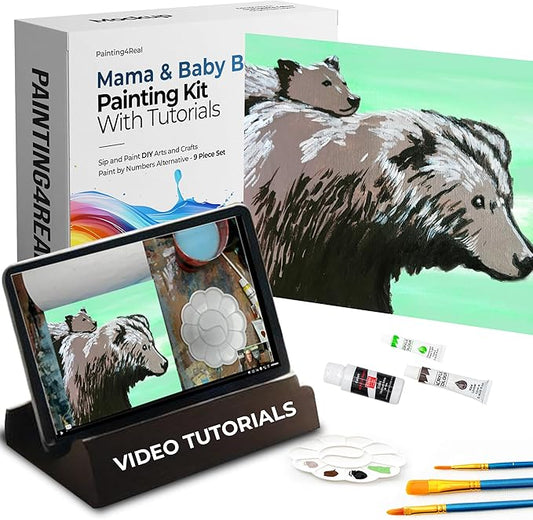 DIY Painting Class Kit for Adults with Video Tutorials: Learn to Paint Mama & Baby Bear – How to Paint with Acrylics – Ideal Mothers Day Gift – 9 Piece Acrylic Paint Set