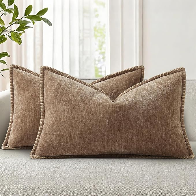 decorUhome Soft Chenille Throw Pillow Covers 12x20 Set of 2 Brown | Fall Textured Decorative Throw Pillow Cases Stitched Edge Modern Farmhouse Luxury Boho Velvet for Couch Sofa Bed Home Decor
