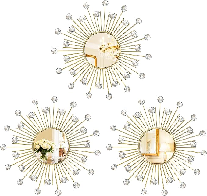 3 Pack Metal Mirrors for Wall Sunburst Wall Mirrors Home Décor Decorative Hanging Wall Art for Living Room Bedroom Entryway (Gold2 Crystal, Sunburst)