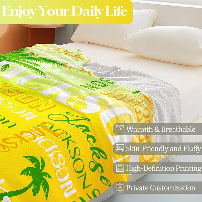 Personalized Name Blanket with Coconut Tree, Custom Blanket with Name for Adults, Customized Soft Throw Blanket, Personalized Gifts for Birthday Anniversary for Women Men