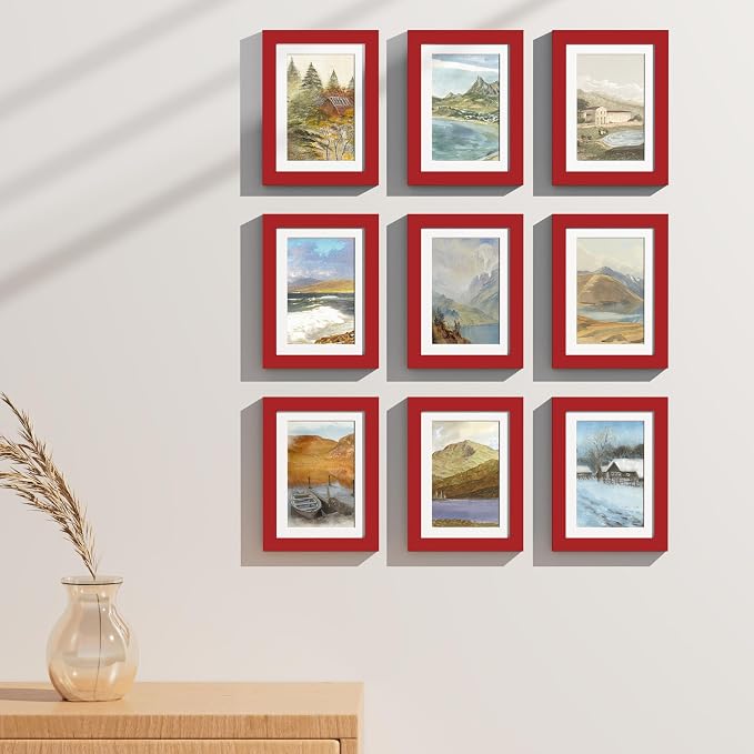 Vittanly 5x7 Picture Frames Set of 9 for Wall or Tabletop Display, Red | Display Pictures 4x6 with Mat or 5x7 without Mat, Small Photo Frames, Engineered Wood with Shatter Resistant Plexiglass