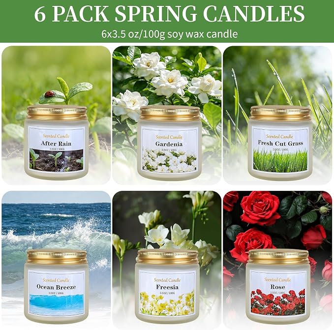 Spring Summer Scented Candles, 6 Pack Soy Wax Candles for Home Scented, 21 oz Aromatherapy Candle Gift Set for Women & Men, Freesia/Rose/After Rain/Gardenia/Fresh Cut Grass/Ocean Breeze
