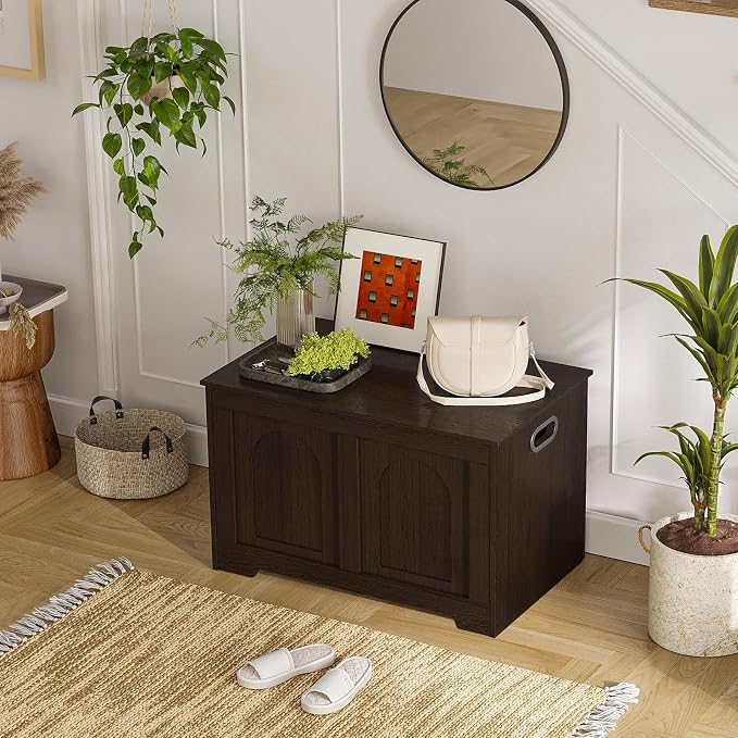 Storage Chest, Wooden Toy Box, Espresso 31.5" L | Entryway Shoe Bench, 2 Soft-close Hinges, Finger-safe Flip-Top Lid, Easy Assembly, Farmhouse Large Trunk, Living Room/Bedroom