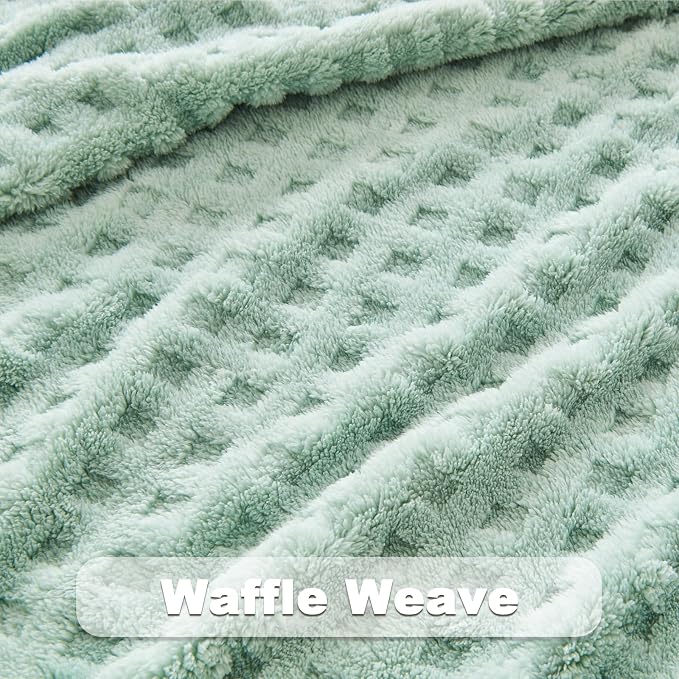 NEWCOSPLAY 3D Waffle Checkered Flannel Twin Blanket, New Sage, 60"x80" | Super Soft Cute Lightweight Decorative Premium Silky Fleece Blanket for Couch Sofa Bed, Gift for Women Men, All Season Use