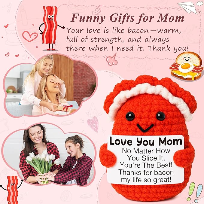 Mini Birthday Gifts for Mom from Daughter Son Christmas Thanksgiving Day Gifts Cute Handmade Crochet Bacon Gift for New Mommy Step Bonus Mom Mother in Law Christmas Stocking Stuffers Ideas