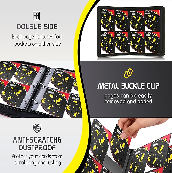 Trading Card Binder 4 Pocket,400 Pocket Card Collection Binder with 50 Removable Sleeves,PU Waterproof Top Card Book,3-Ring Zipper Collectible Trading Card Album for MTG/TCG/Card Holder Gift(Black)