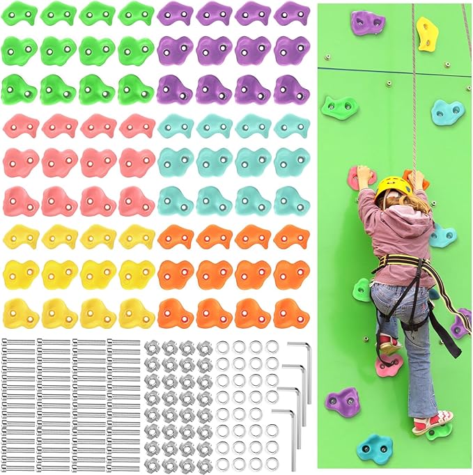 Meooeck 72 Pcs Kids Rock Wall Climbing Holds Set Colorful Grips with Mounting Screws and Hardware for DIY Indoor Outdoor Backyard Playground Back to School Birthday Gift(Pastel Color)